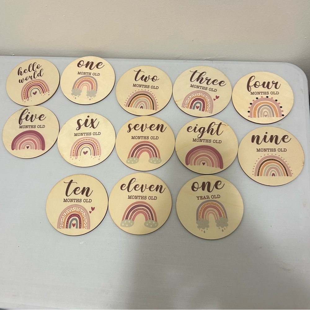 Wooden Baby Milestone Sign Monthly Progression Girl Rainbow
